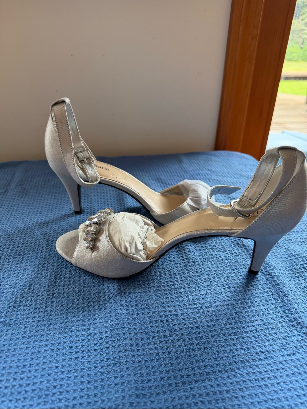 Kelly & Katie Silver Open-Toe Ankle-Strap Heels with Crystal Detail
